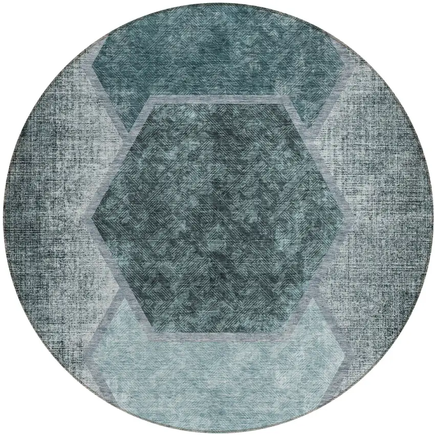 8' Teal Blue Aqua And Ivory Round Geometric Washable Indoor Outdoor Area Rug Photo 2