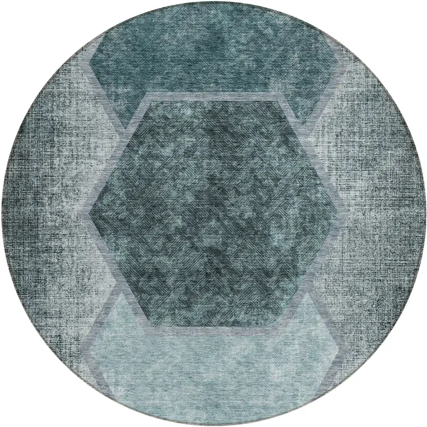 8' Teal Blue Aqua And Ivory Round Geometric Washable Indoor Outdoor Area Rug Photo 2
