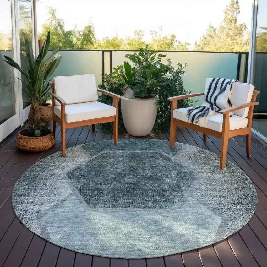 8' Teal Blue Aqua And Ivory Round Geometric Washable Indoor Outdoor Area Rug Photo 6