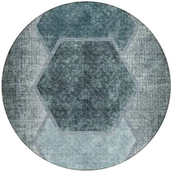 8' Teal Blue Aqua And Ivory Round Geometric Washable Indoor Outdoor Area Rug Photo 5
