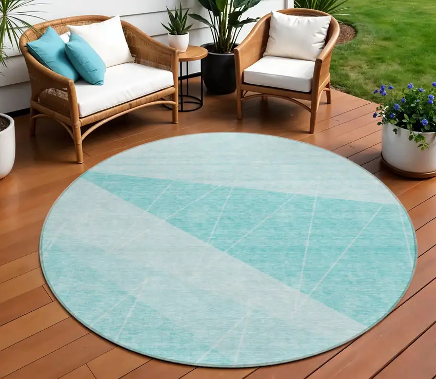 8' Teal Blue Aqua And Ivory Round Geometric Washable Indoor Outdoor Area Rug Photo 1