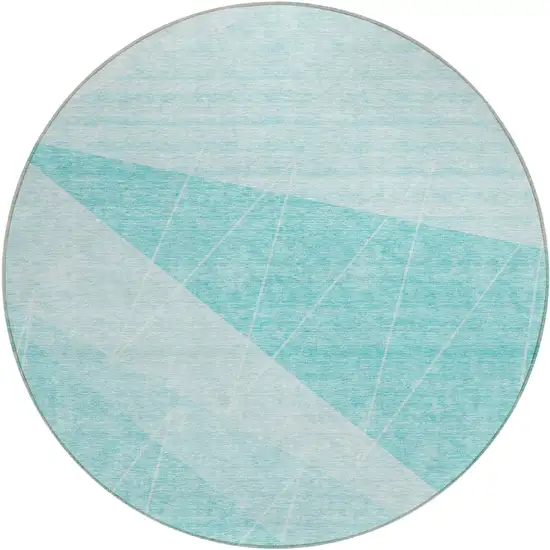 8' Teal Blue Aqua And Ivory Round Geometric Washable Indoor Outdoor Area Rug Photo 1