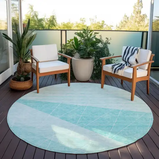 8' Teal Blue Aqua And Ivory Round Geometric Washable Indoor Outdoor Area Rug Photo 6