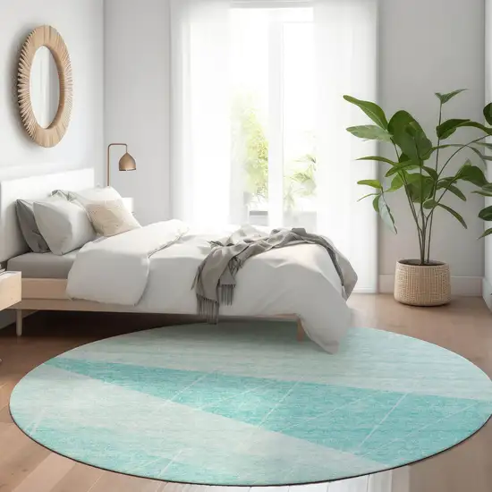 8' Teal Blue Aqua And Ivory Round Geometric Washable Indoor Outdoor Area Rug Photo 7