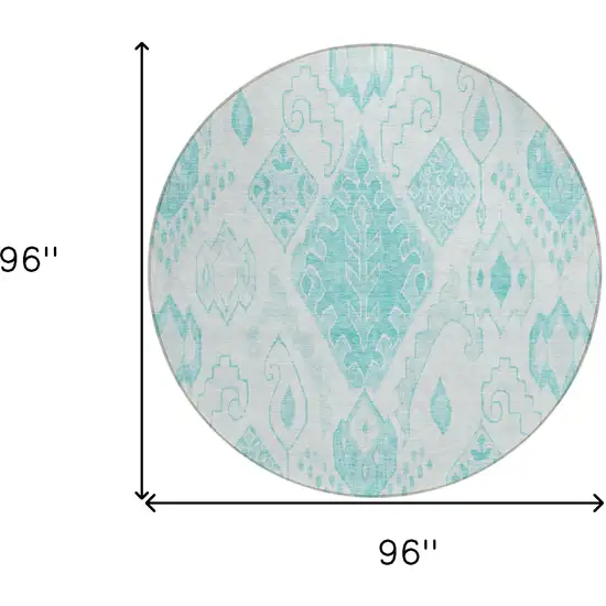 8' Teal Blue Aqua And Ivory Round Moroccan Washable Indoor Outdoor Area Rug Photo 3