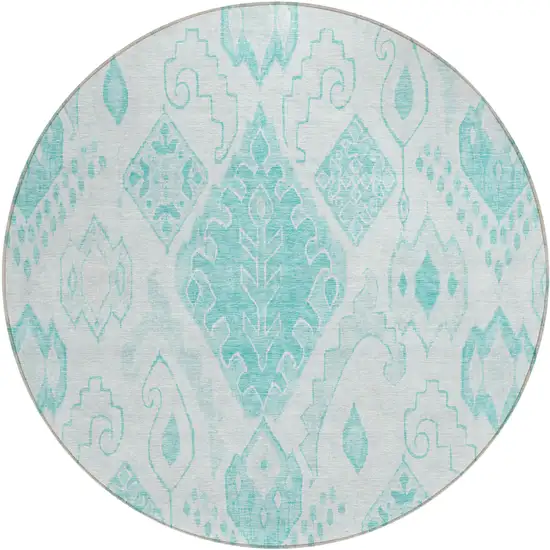8' Teal Blue Aqua And Ivory Round Moroccan Washable Indoor Outdoor Area Rug Photo 2