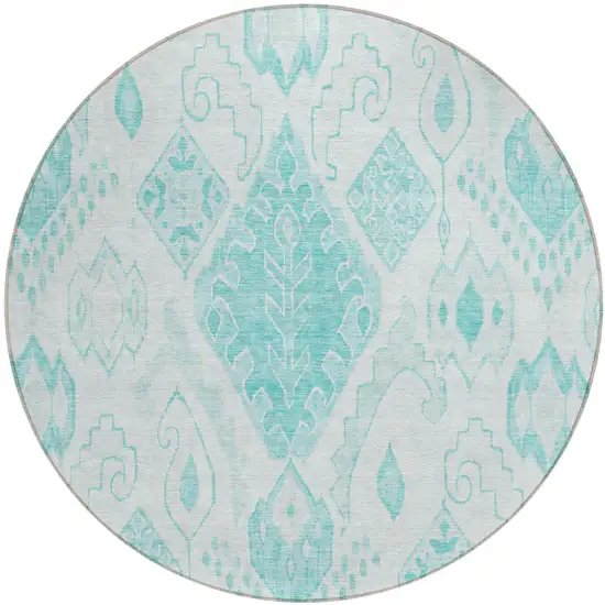 8' Teal Blue Aqua And Ivory Round Moroccan Washable Indoor Outdoor Area Rug Photo 2