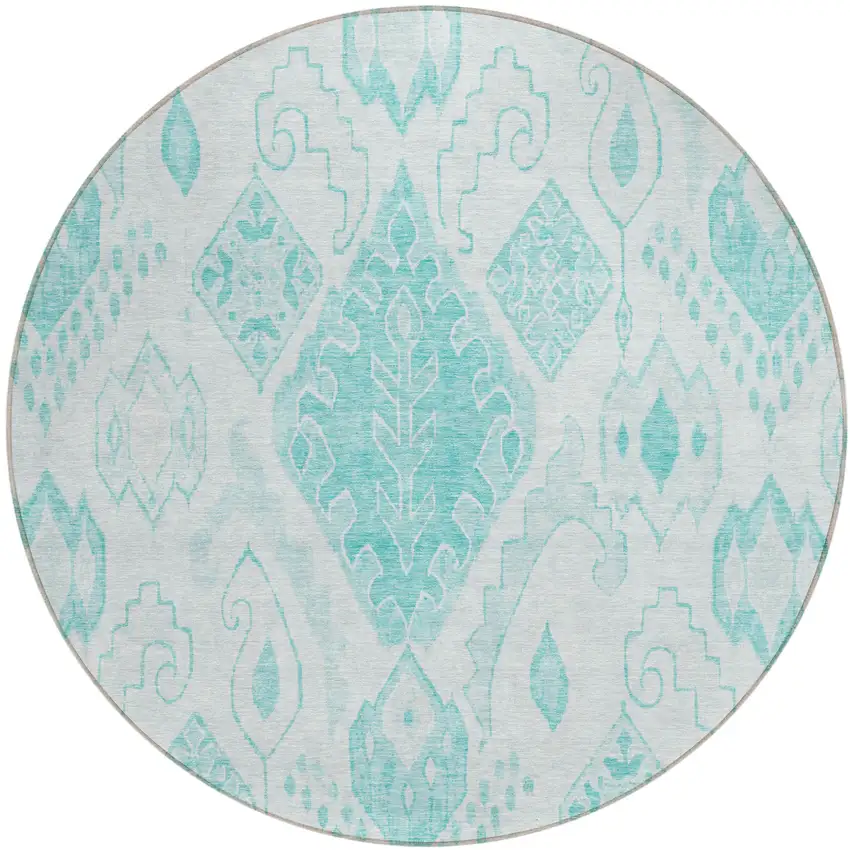 8' Teal Blue Aqua And Ivory Round Moroccan Washable Indoor Outdoor Area Rug Photo 2