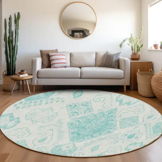 8' Teal Blue Aqua And Ivory Round Moroccan Washable Indoor Outdoor Area Rug Photo 7