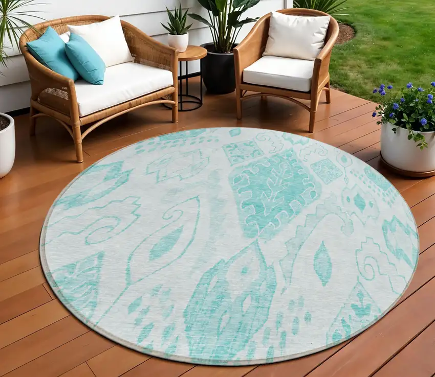 8' Teal Blue Aqua And Ivory Round Moroccan Washable Indoor Outdoor Area Rug Photo 1