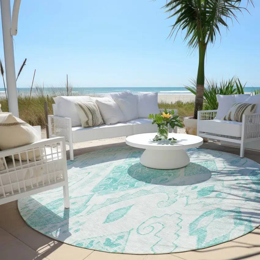 8' Teal Blue Aqua And Ivory Round Moroccan Washable Indoor Outdoor Area Rug Photo 6