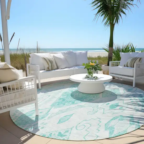 8' Teal Blue Aqua And Ivory Round Moroccan Washable Indoor Outdoor Area Rug Photo 6