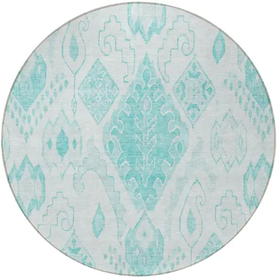 8' Teal Blue Aqua And Ivory Round Moroccan Washable Indoor Outdoor Area Rug Photo 5