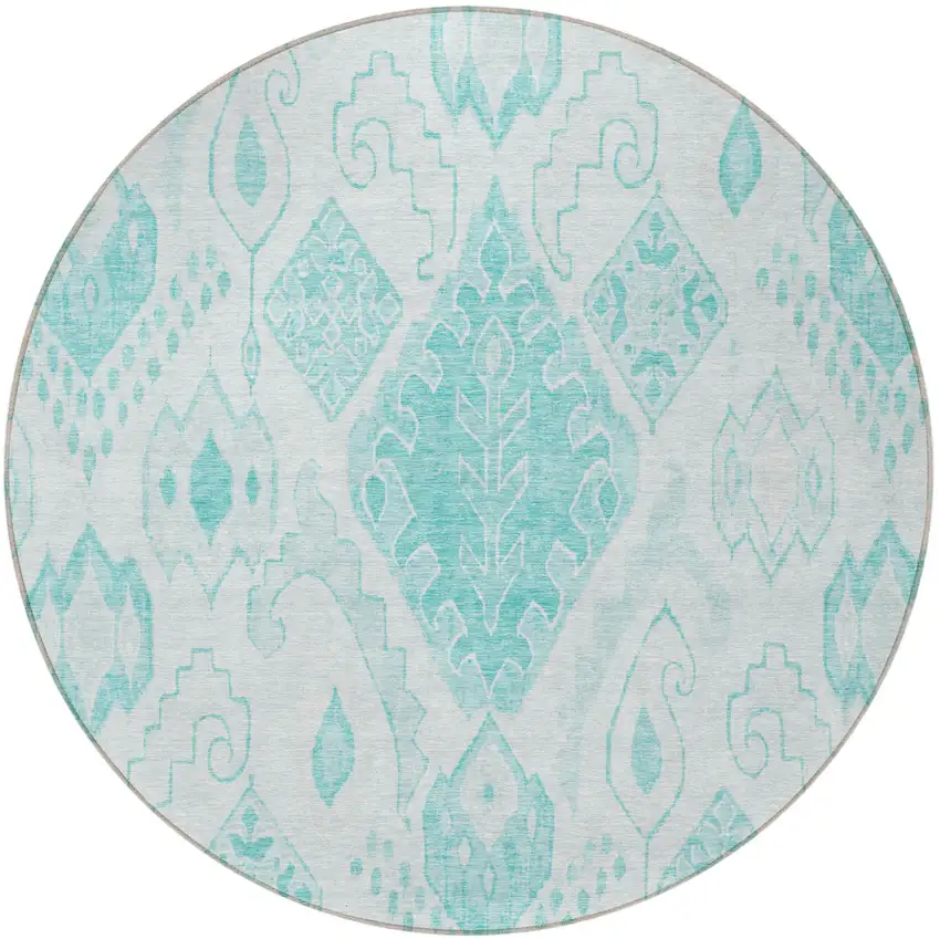 8' Teal Blue Aqua And Ivory Round Moroccan Washable Indoor Outdoor Area Rug Photo 5