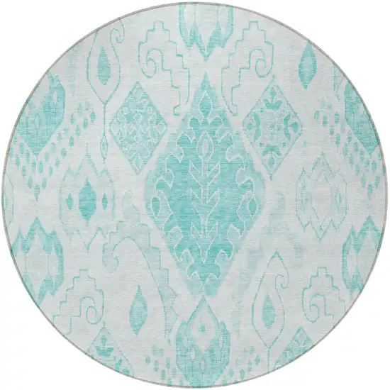 8' Teal Blue Aqua And Ivory Round Moroccan Washable Indoor Outdoor Area Rug Photo 5