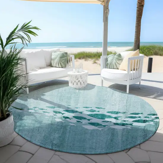 8' Teal Blue Aqua And Ivory Round Nautical Washable Indoor Outdoor Area Rug Photo 5
