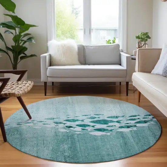 8' Teal Blue Aqua And Ivory Round Nautical Washable Indoor Outdoor Area Rug Photo 6