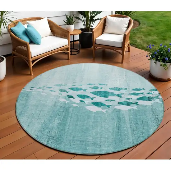 8' Teal Blue Aqua And Ivory Round Nautical Washable Indoor Outdoor Area Rug Photo 1