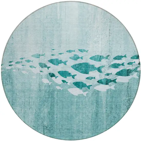 8' Teal Blue Aqua And Ivory Round Nautical Washable Indoor Outdoor Area Rug Photo 1