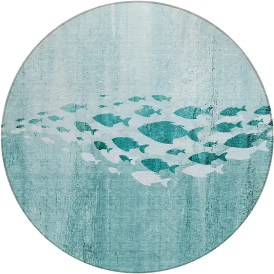 8' Teal Blue Aqua And Ivory Round Nautical Washable Indoor Outdoor Area Rug Photo 1