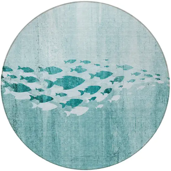 8' Teal Blue Aqua And Ivory Round Nautical Washable Indoor Outdoor Area Rug Photo 4