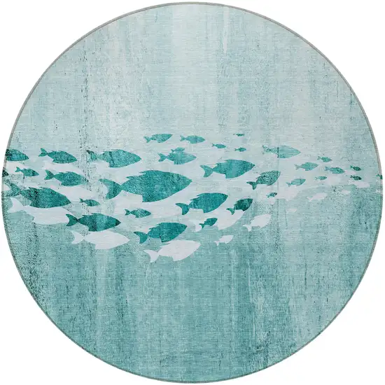 8' Teal Blue Aqua And Ivory Round Nautical Washable Indoor Outdoor Area Rug Photo 4
