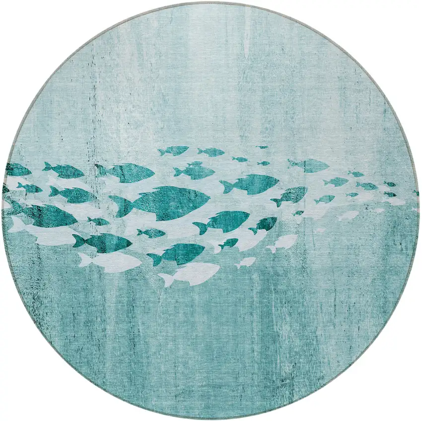 8' Teal Blue Aqua And Ivory Round Nautical Washable Indoor Outdoor Area Rug Photo 4