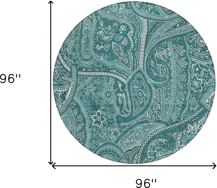 8' Teal Blue Aqua And Ivory Round Paisley Washable Indoor Outdoor Area Rug Photo 3
