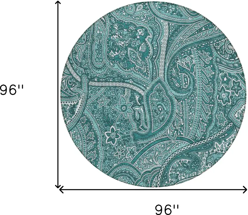 8' Teal Blue Aqua And Ivory Round Paisley Washable Indoor Outdoor Area Rug Photo 3