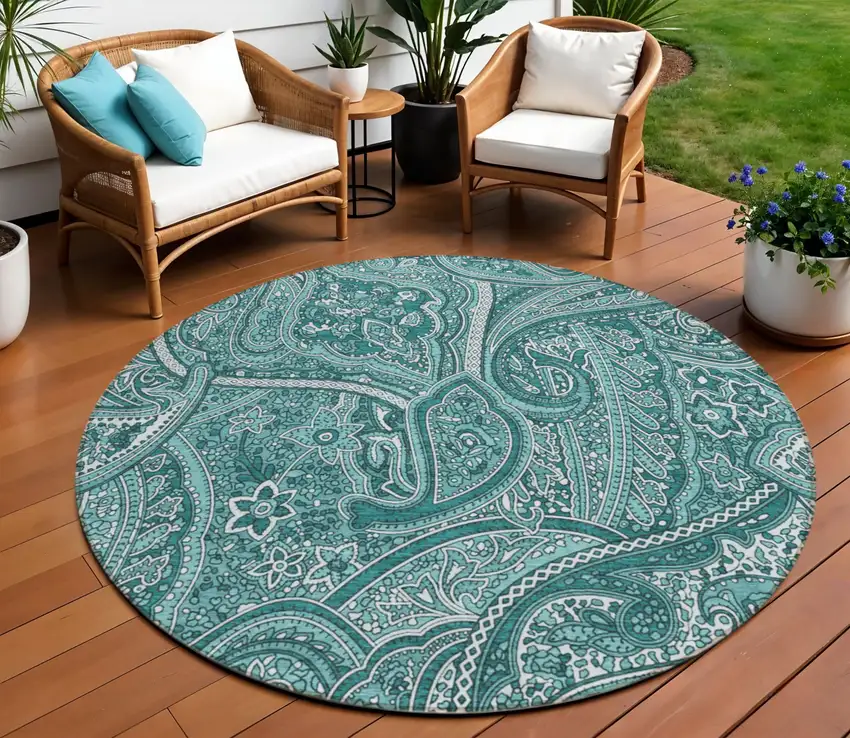 8' Teal Blue Aqua And Ivory Round Paisley Washable Indoor Outdoor Area Rug Photo 1