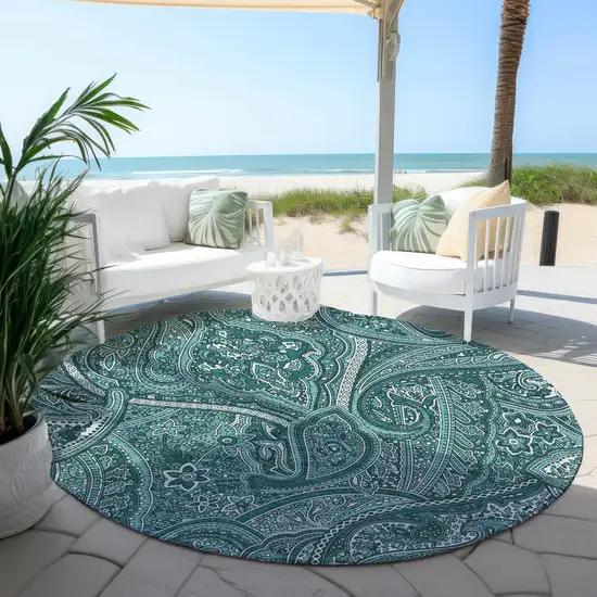 8' Teal Blue Aqua And Ivory Round Paisley Washable Indoor Outdoor Area Rug Photo 6