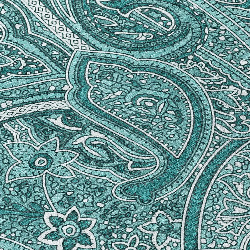 8' Teal Blue Aqua And Ivory Round Paisley Washable Indoor Outdoor Area Rug Photo 4