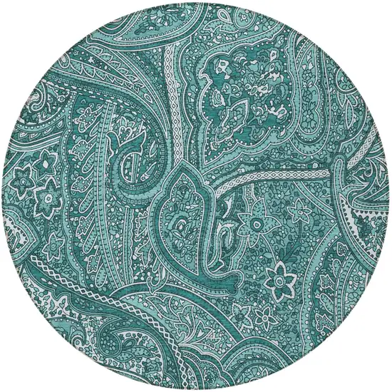 8' Teal Blue Aqua And Ivory Round Paisley Washable Indoor Outdoor Area Rug Photo 5