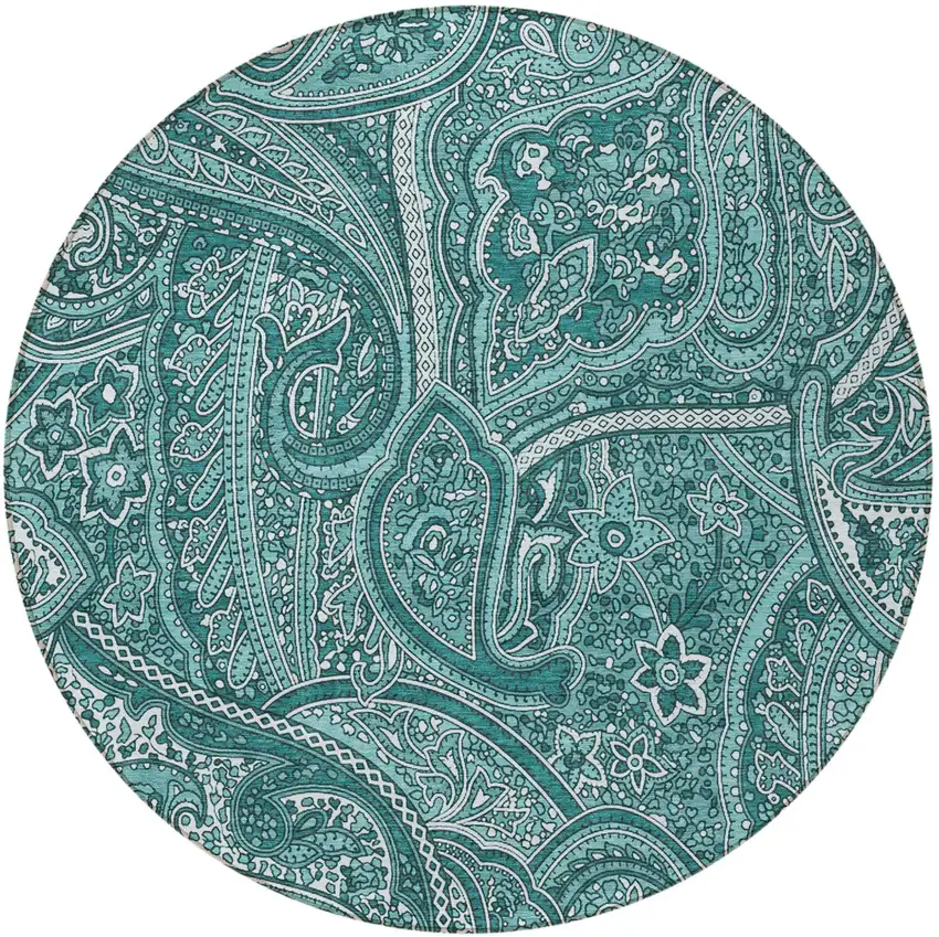 8' Teal Blue Aqua And Ivory Round Paisley Washable Indoor Outdoor Area Rug Photo 5