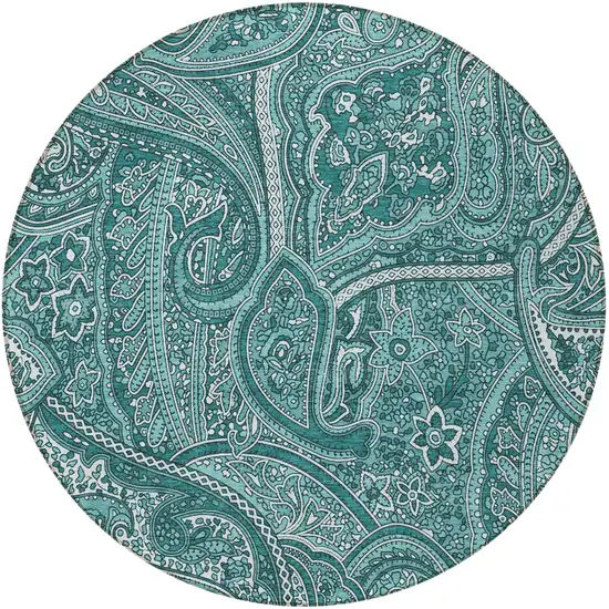 8' Teal Blue Aqua And Ivory Round Paisley Washable Indoor Outdoor Area Rug Photo 5