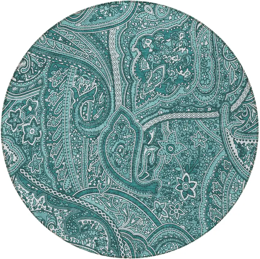 8' Teal Blue Aqua And Ivory Round Paisley Washable Indoor Outdoor Area Rug Photo 5
