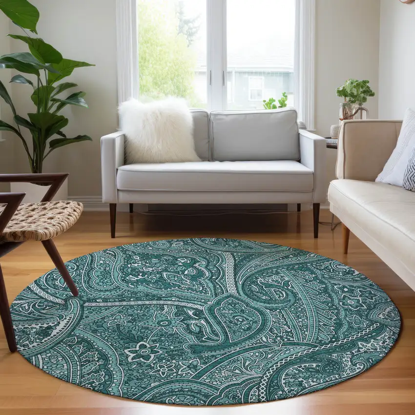 8' Teal Blue Aqua And Ivory Round Paisley Washable Indoor Outdoor Area Rug Photo 7