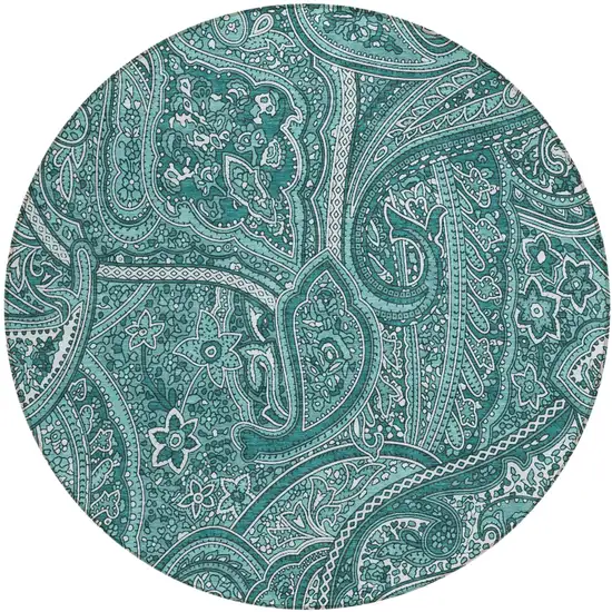 8' Teal Blue Aqua And Ivory Round Paisley Washable Indoor Outdoor Area Rug Photo 2