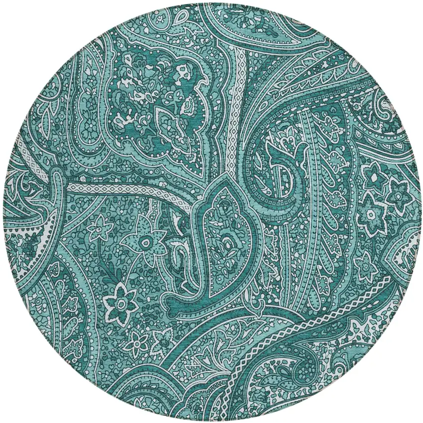 8' Teal Blue Aqua And Ivory Round Paisley Washable Indoor Outdoor Area Rug Photo 2