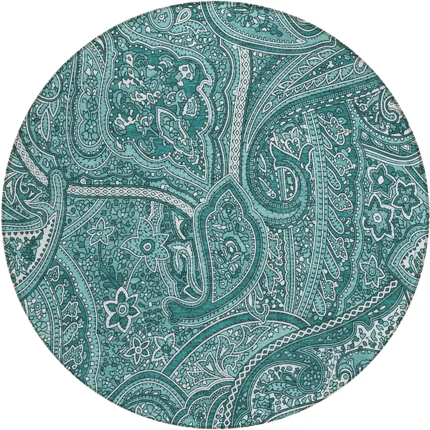 8' Teal Blue Aqua And Ivory Round Paisley Washable Indoor Outdoor Area Rug Photo 2