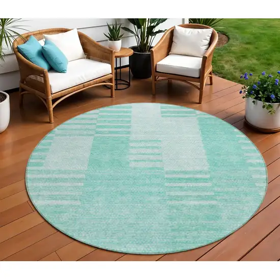 8' Teal Blue Aqua And Ivory Round Striped Washable Indoor Outdoor Area Rug Photo 1