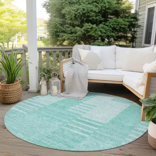 8' Teal Blue Aqua And Ivory Round Striped Washable Indoor Outdoor Area Rug Photo 6