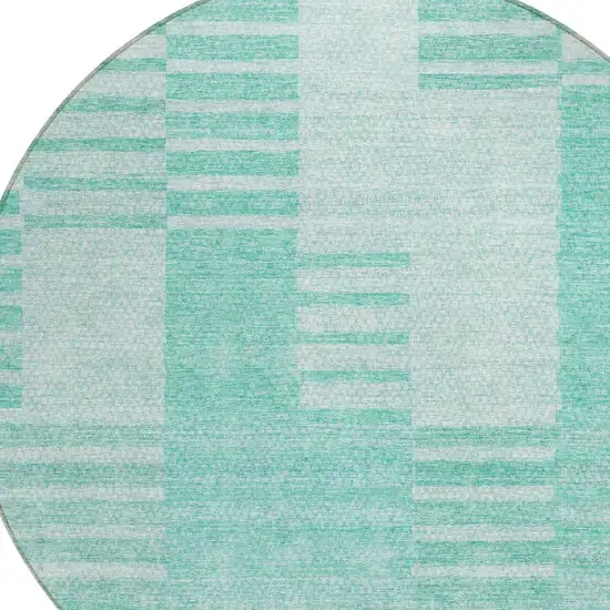 8' Teal Blue Aqua And Ivory Round Striped Washable Indoor Outdoor Area Rug Photo 4