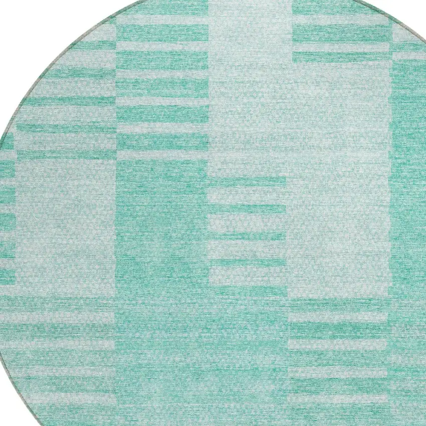 8' Teal Blue Aqua And Ivory Round Striped Washable Indoor Outdoor Area Rug Photo 4
