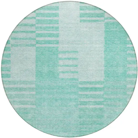 8' Teal Blue Aqua And Ivory Round Striped Washable Indoor Outdoor Area Rug Photo 2