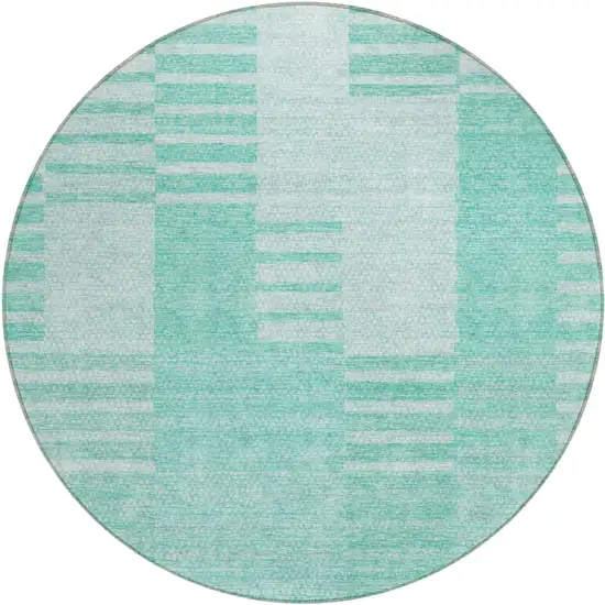 8' Teal Blue Aqua And Ivory Round Striped Washable Indoor Outdoor Area Rug Photo 2