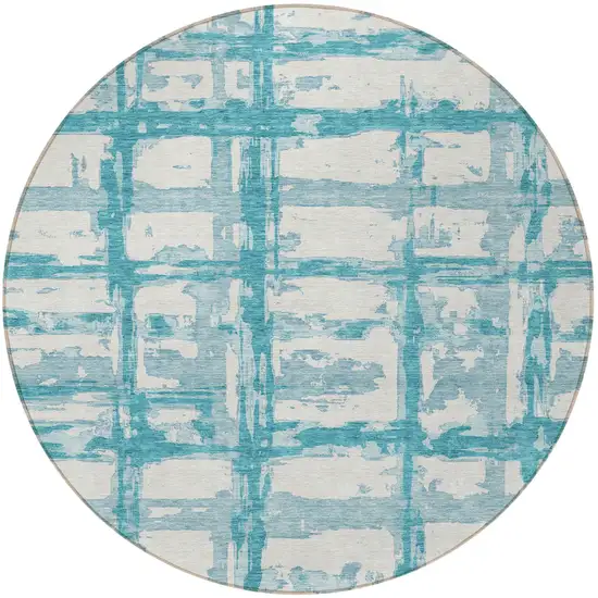 8' Teal Blue Aqua And Ivory Round Striped Washable Indoor Outdoor Area Rug Photo 5