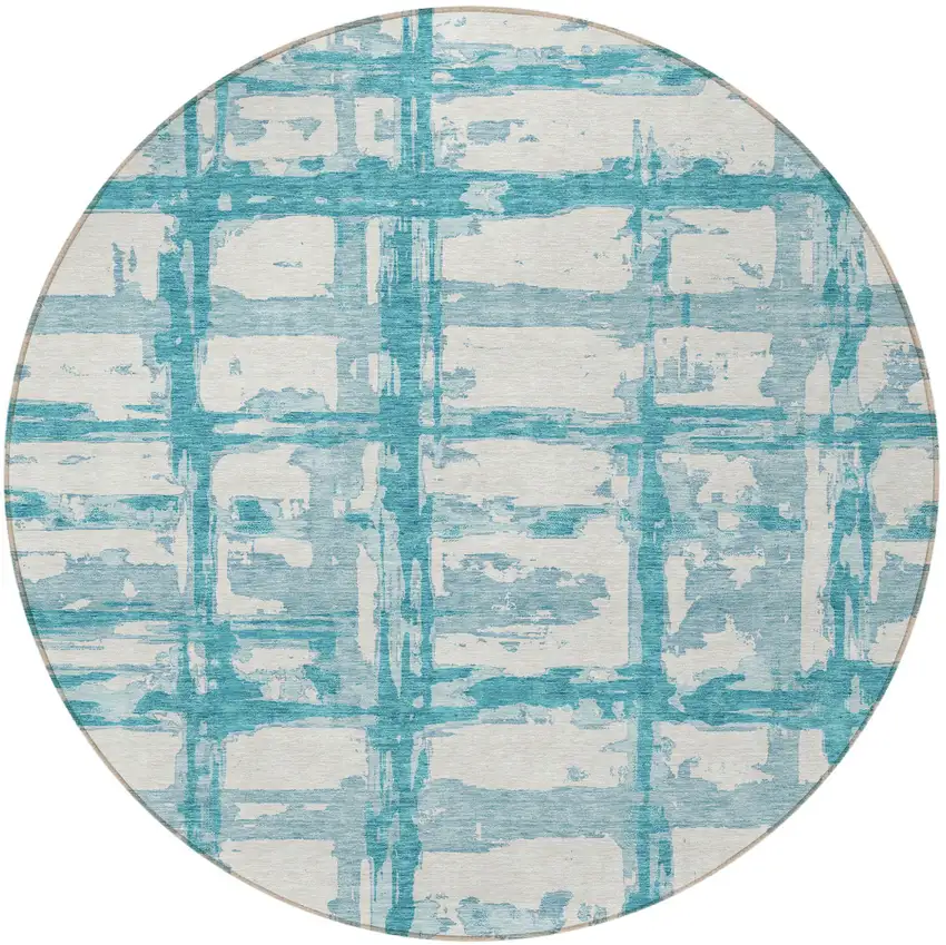 8' Teal Blue Aqua And Ivory Round Striped Washable Indoor Outdoor Area Rug Photo 5