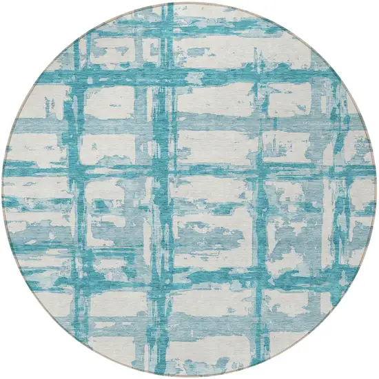 8' Teal Blue Aqua And Ivory Round Striped Washable Indoor Outdoor Area Rug Photo 5