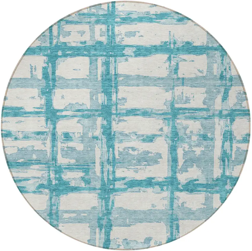 8' Teal Blue Aqua And Ivory Round Striped Washable Indoor Outdoor Area Rug Photo 5